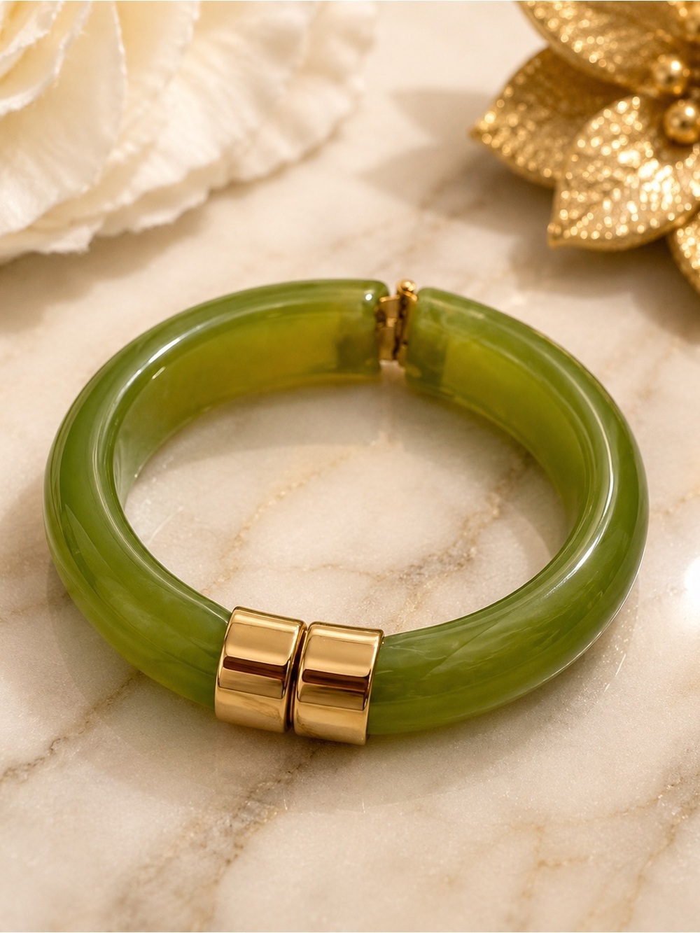 Jade Hinged Cuff Bracelet with Gold-Tone Accents